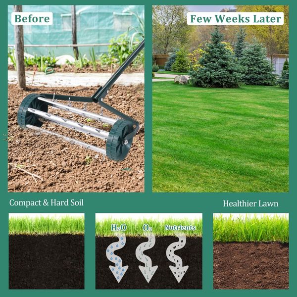 Rolling Garden Lawn Aerator Roller with 3-Piece Long Steel Handle