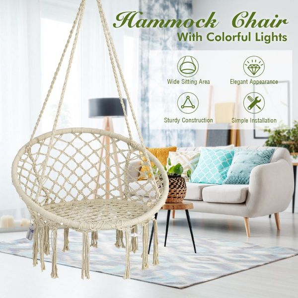 Hammock Swing with Macrame Design and LED Lights for Living Room/Patio