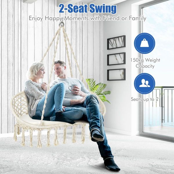 2 Person Hammock Chair with Hanging Cotton Ropes for Living Room & Patio