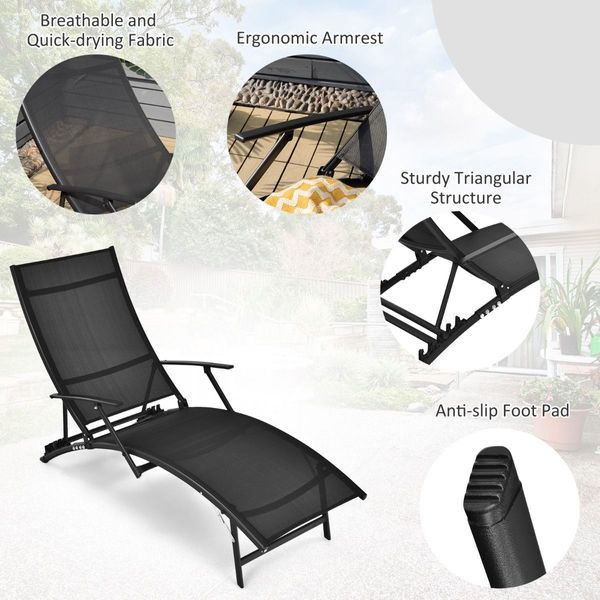 Foldable Chaise Lounge Chairs with 5-level Adjustable Backrest for Backyard