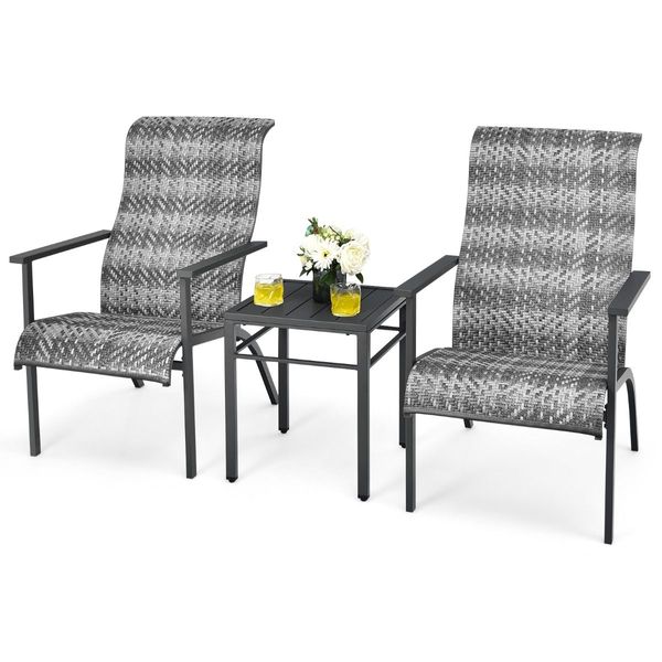 3-Piece PE Rattan Bistro Chairs with Coffee Table for Garden