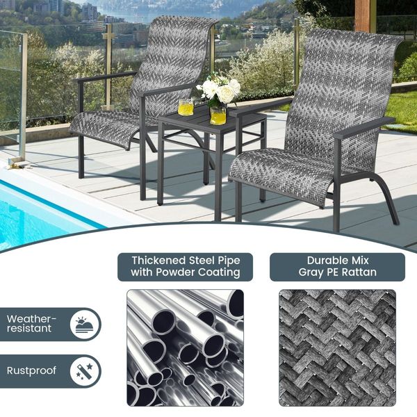 3-Piece PE Rattan Bistro Chairs with Coffee Table for Garden