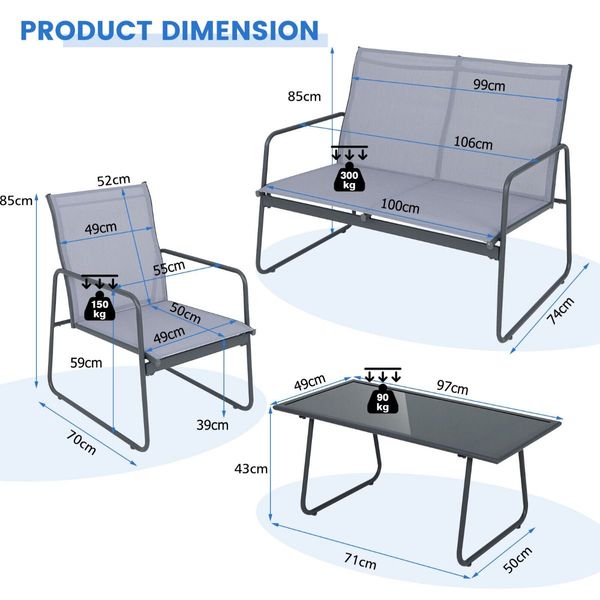 4 Piece Garden Patio Bistro Furniture Set with Loveseat, Coffee Table and 2 Chairs