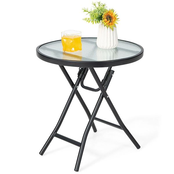 Folding Patio Side Table with Tempered Glass Tabletop