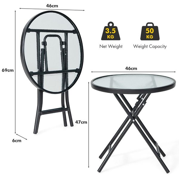 Folding Patio Side Table with Tempered Glass Tabletop