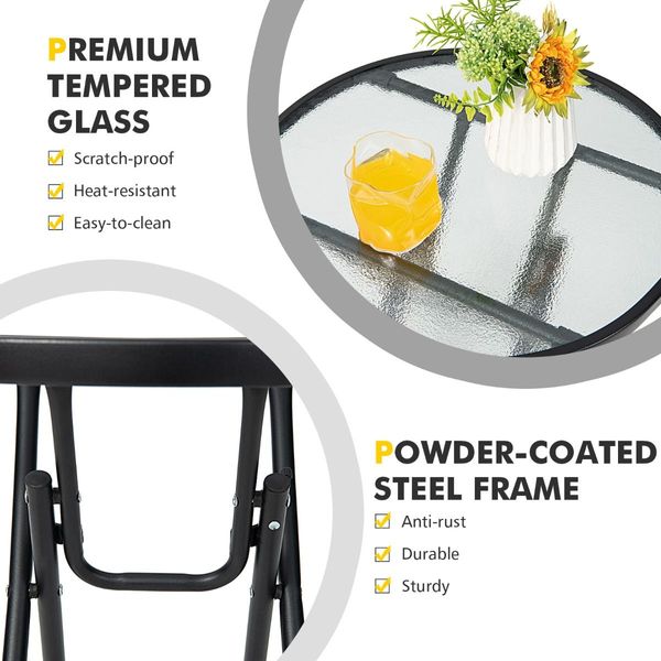 Folding Patio Side Table with Tempered Glass Tabletop