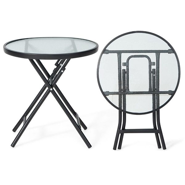 Folding Patio Side Table with Tempered Glass Tabletop