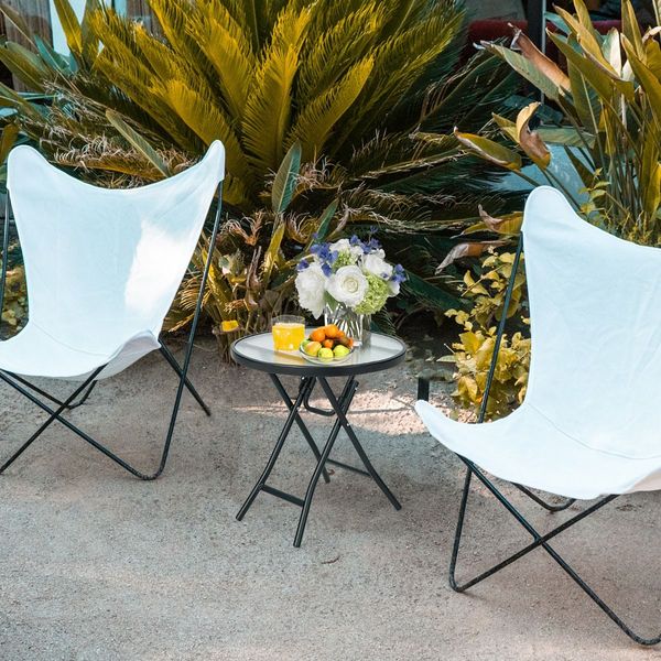 Folding Patio Side Table with Tempered Glass Tabletop