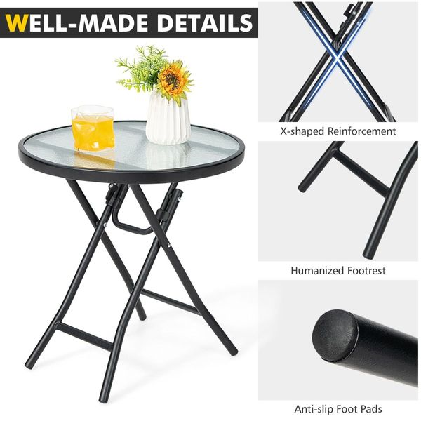 Folding Patio Side Table with Tempered Glass Tabletop