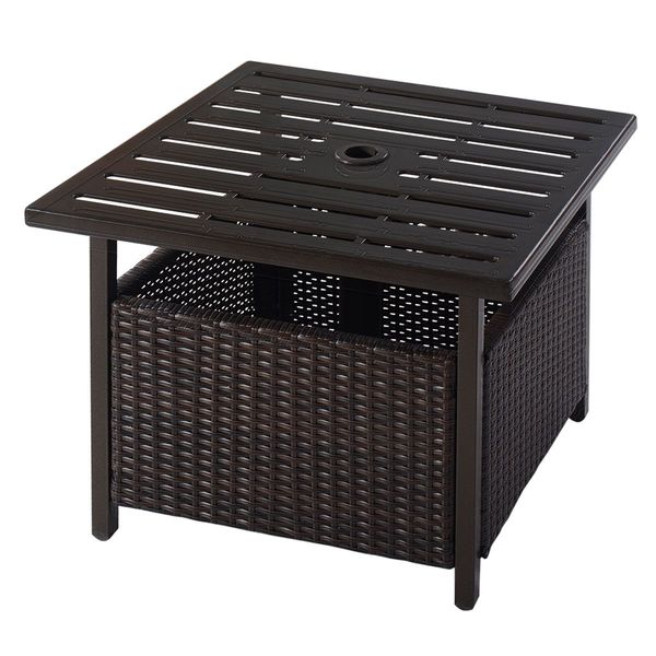 Rattan Coffee Table with Umbrella Hole & Metal Tabletop for Outdoor