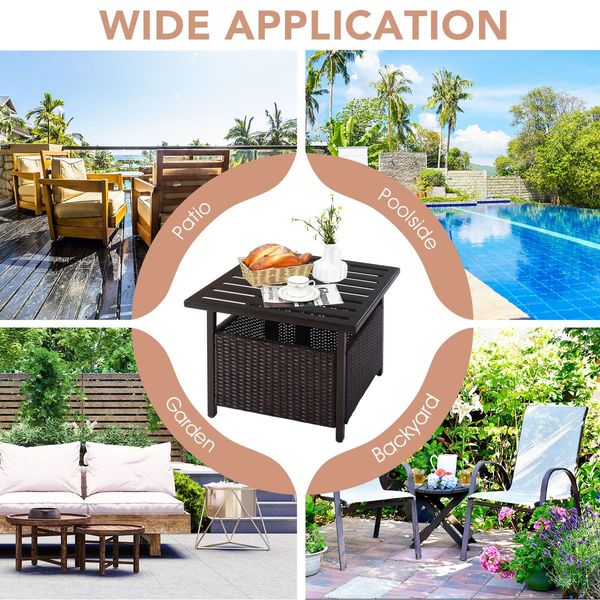 Rattan Coffee Table with Umbrella Hole & Metal Tabletop for Outdoor