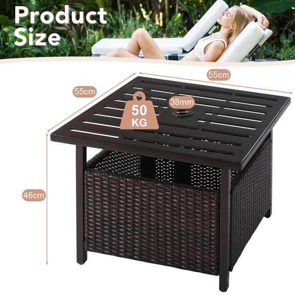 Rattan Coffee Table with Umbrella Hole & Metal Tabletop for Outdoor