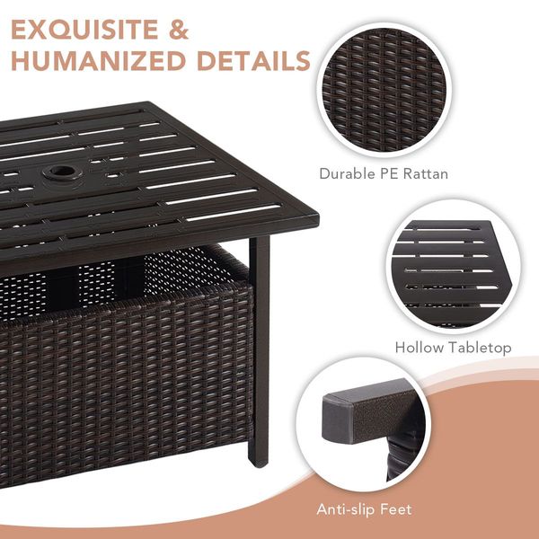 Rattan Coffee Table with Umbrella Hole & Metal Tabletop for Outdoor