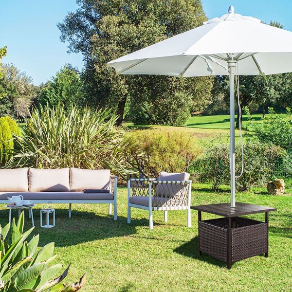 Rattan Coffee Table with Umbrella Hole & Metal Tabletop for Outdoor