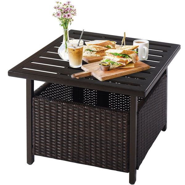 Rattan Coffee Table with Umbrella Hole & Metal Tabletop for Outdoor