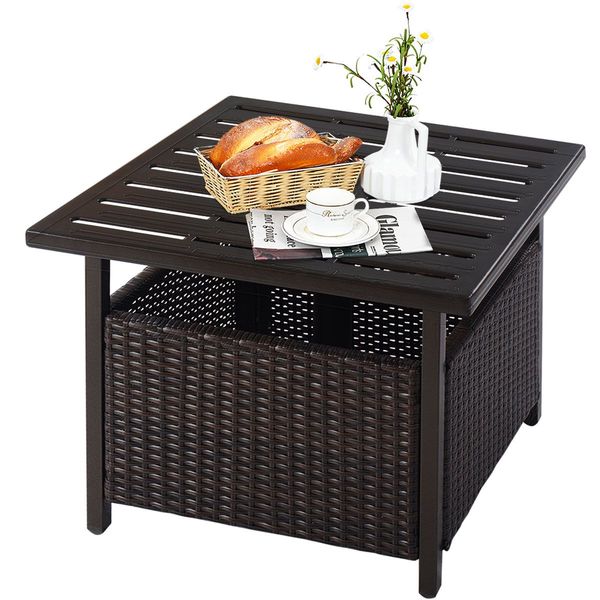 Rattan Coffee Table with Umbrella Hole & Metal Tabletop for Outdoor