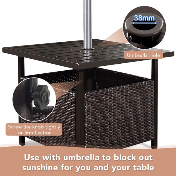 Rattan Coffee Table with Umbrella Hole & Metal Tabletop for Outdoor