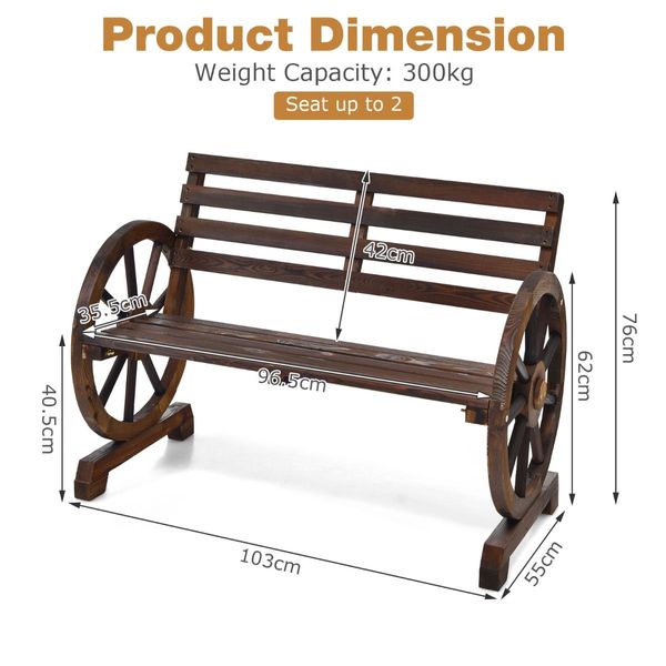 Wooden Wagon Wheel Garden Bench with 2-Person Slatted Seat for Outdoor