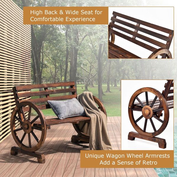 Wooden Wagon Wheel Garden Bench with 2-Person Slatted Seat for Outdoor