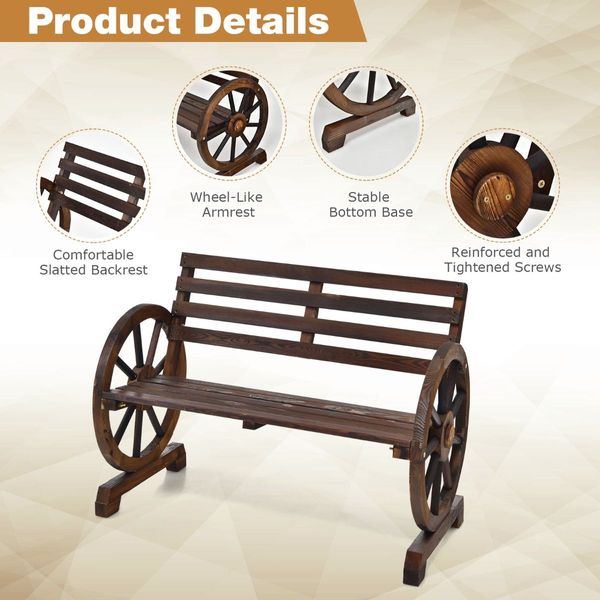 Wooden Wagon Wheel Garden Bench with 2-Person Slatted Seat for Outdoor