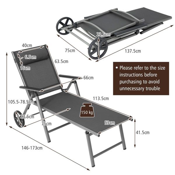 Outdoor Aluminum Chaise Lounge Chair with Wheels and Adjustable Backrest for Patio