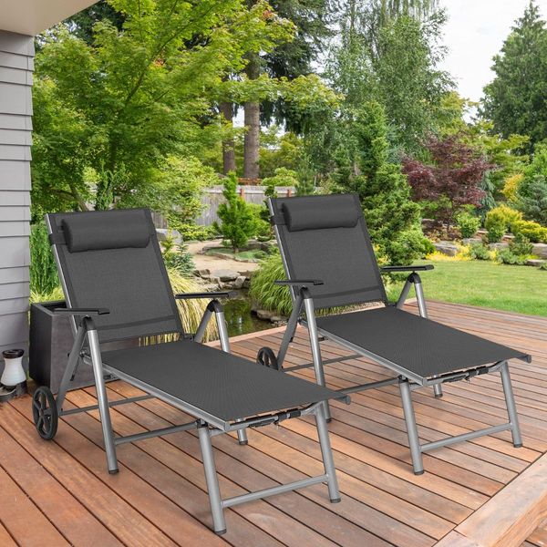 Outdoor Aluminum Chaise Lounge Chair with Wheels and Adjustable Backrest for Patio