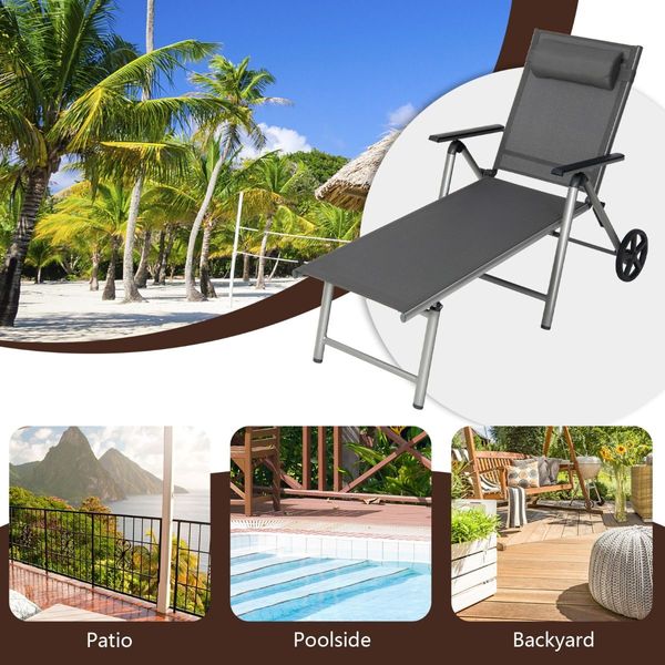 Outdoor Aluminum Chaise Lounge Chair with Wheels and Adjustable Backrest for Patio