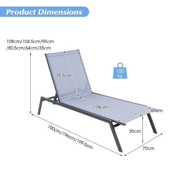 6-Position Outdoor Adjustable Chaise Lounge Chair for Poolside & Backyard