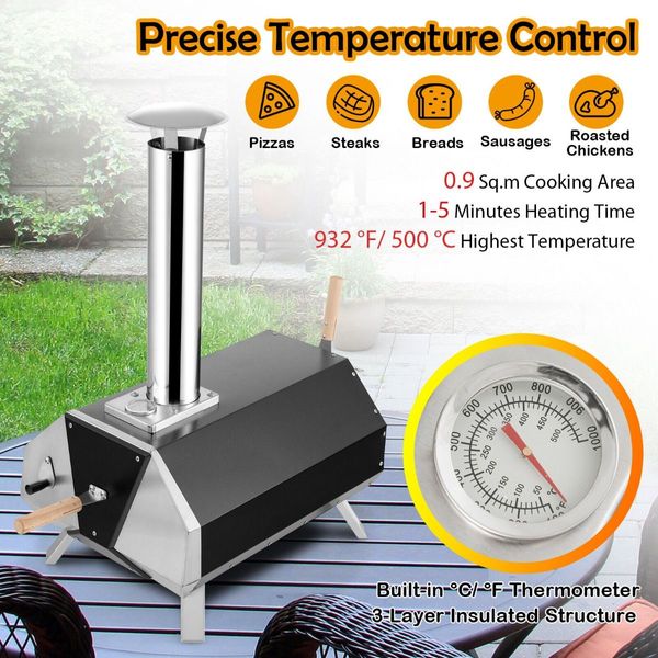 12 Inch Outdoor Wood Fired Pizza Oven with Foldable Legs & Thermometer