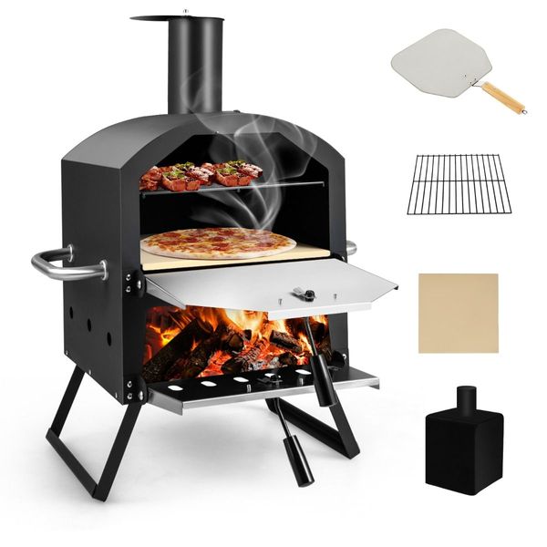 Outdoor Wood Fired Pizza Maker with Anti-scalding Handles and Waterproof Cover for Picnic/Party