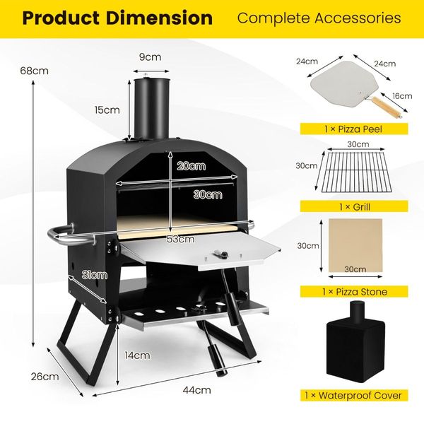 Outdoor Wood Fired Pizza Maker with Anti-scalding Handles and Waterproof Cover for Picnic/Party