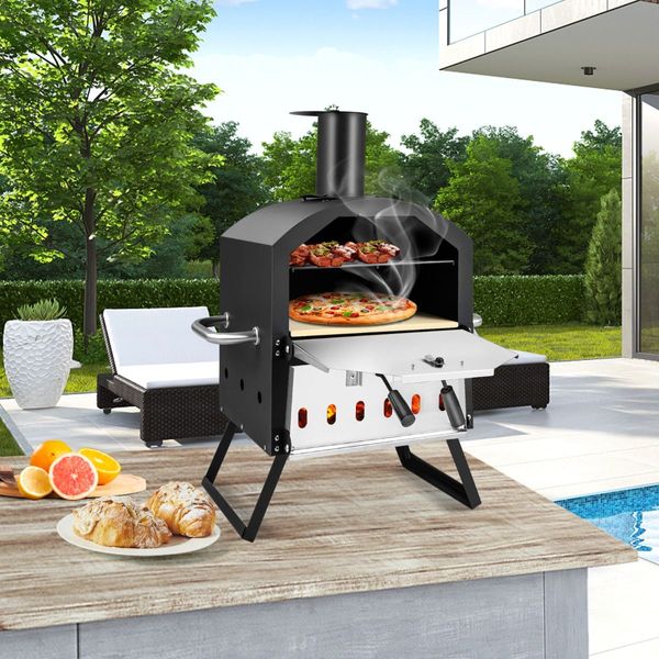 Outdoor Wood Fired Pizza Maker with Anti-scalding Handles and Waterproof Cover for Picnic/Party