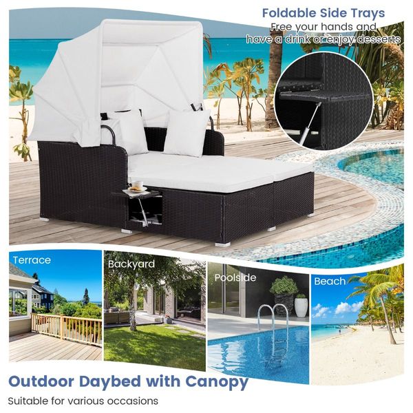 Outdoor Rattan Daybed with Retractable Canopy for Patio/Yard