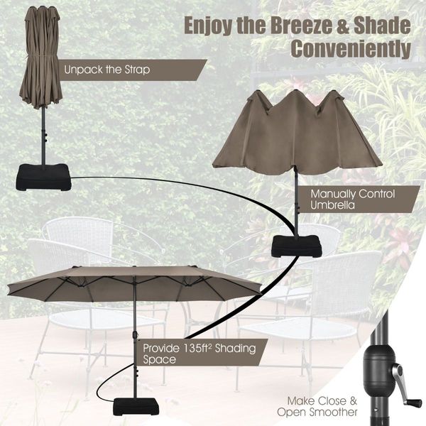 Double-Sided Patio Umbrella with Hand-Crank System and Enhanced Base for Residential and Commercial Use