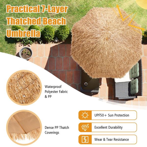 8 FT Thatched Tiki Umbrella with 8 Metal Ribs & 7-Tier Straw Top