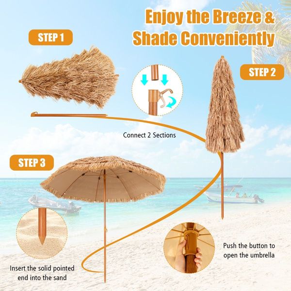 8 FT Thatched Tiki Umbrella with 8 Metal Ribs & 7-Tier Straw Top