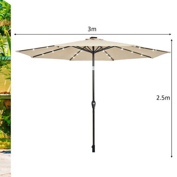 3m Patio Market Umbrella with Solar LED & Adjustment Crank