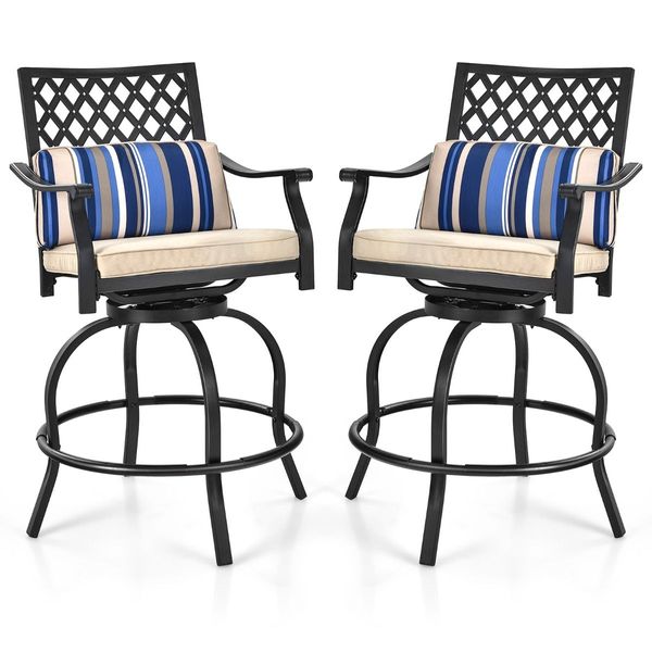 Set of 2 Outdoor Bar Height Chair with Soft Cushions for Poolside, Backyard, Garden