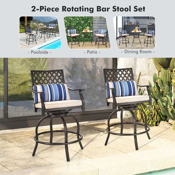 Set of 2 Outdoor Bar Height Chair with Soft Cushions for Poolside, Backyard, Garden