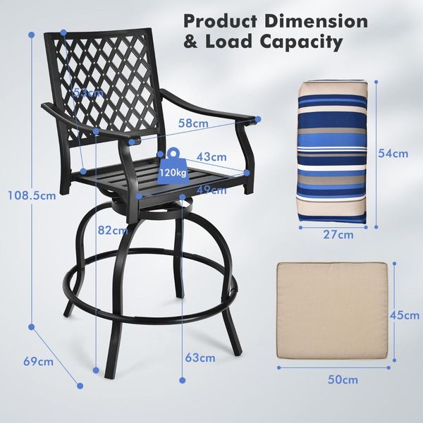 Set of 2 Outdoor Bar Height Chair with Soft Cushions for Poolside, Backyard, Garden