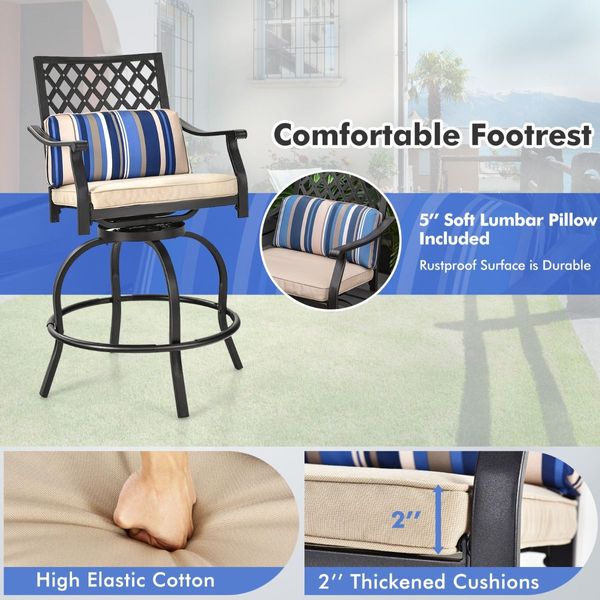 Set of 2 Outdoor Bar Height Chair with Soft Cushions for Poolside, Backyard, Garden