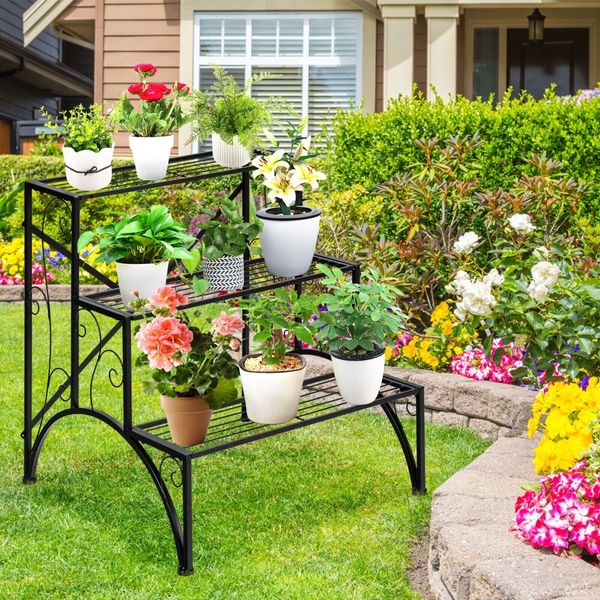 3-Tier Metal Plant Stand with Open Shelves for Garden