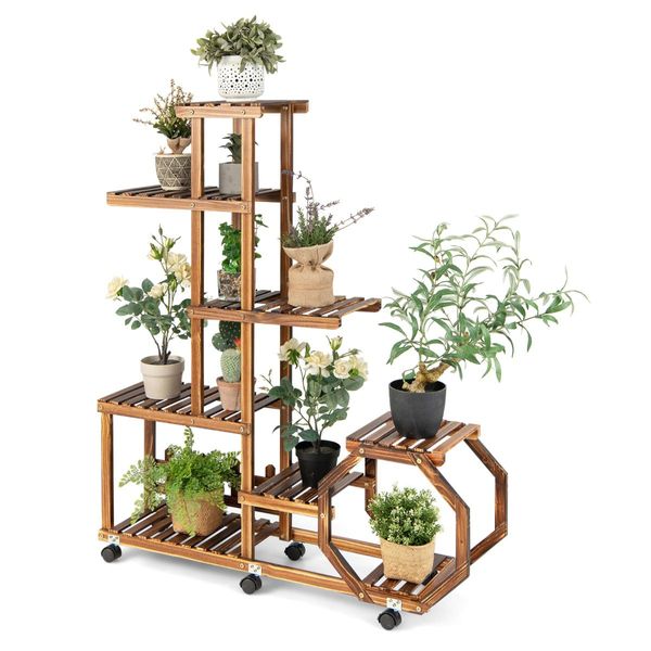 Multi-Layer Wooden Plant Stand with 360 degree Swivel & Lockable & Detachable Wheels