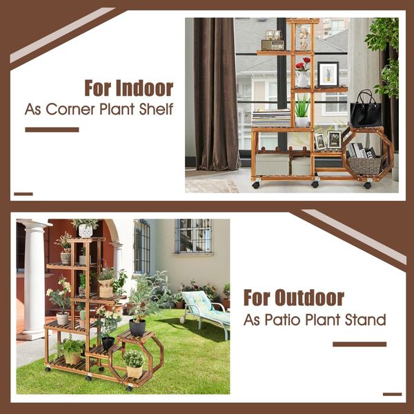 Multi-Layer Wooden Plant Stand with 360 degree Swivel & Lockable & Detachable Wheels