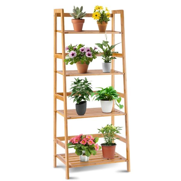 4-Tier Bamboo Plant Shelf with Guardrails for Patio, Bathroom