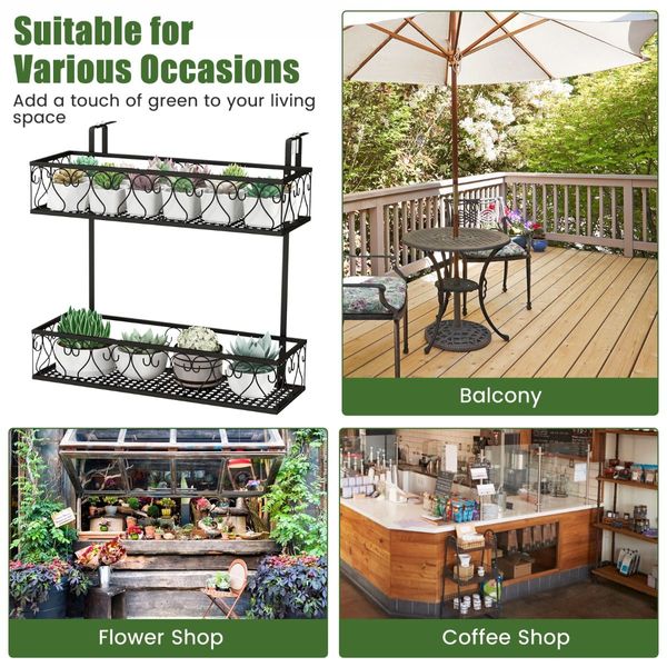 2-Tier Flower Pot Holder with Adjustable Hooks for Patio/Porch