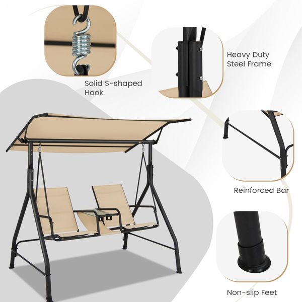 2 seat Outdoor Patio Swing with Adjustable Canopy for Garden/Porch/Backyard