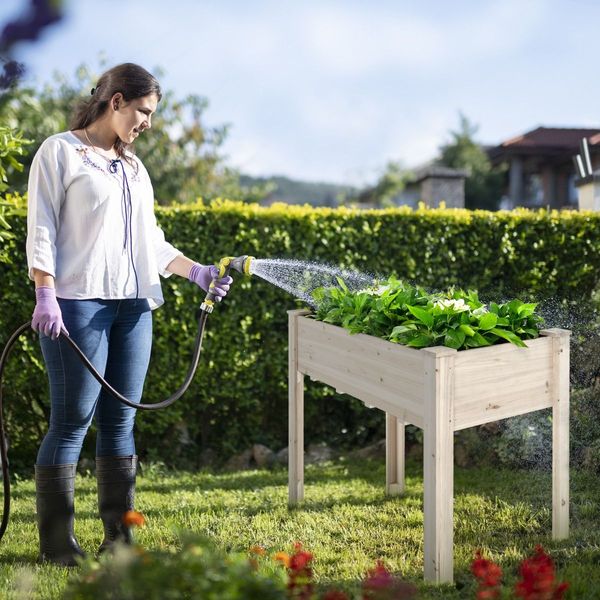 Wooden Elevated Planter Box with Bottom Liner for Garden