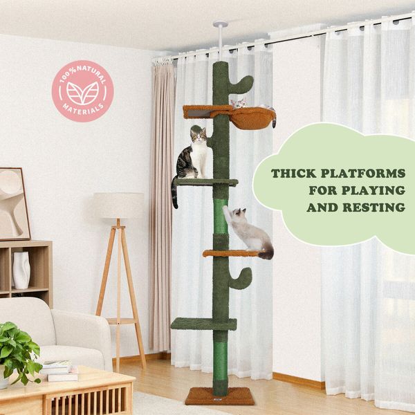Cat Tree Tower Scratching Post Sisal Scratcher Furniture Stand Scratch Pole Climbing Floor to Ceiling Hammock Platforms 229-275cm