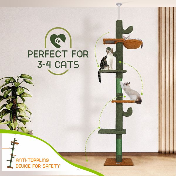 Cat Tree Tower Scratching Post Sisal Scratcher Furniture Stand Scratch Pole Climbing Floor to Ceiling Hammock Platforms 229-275cm